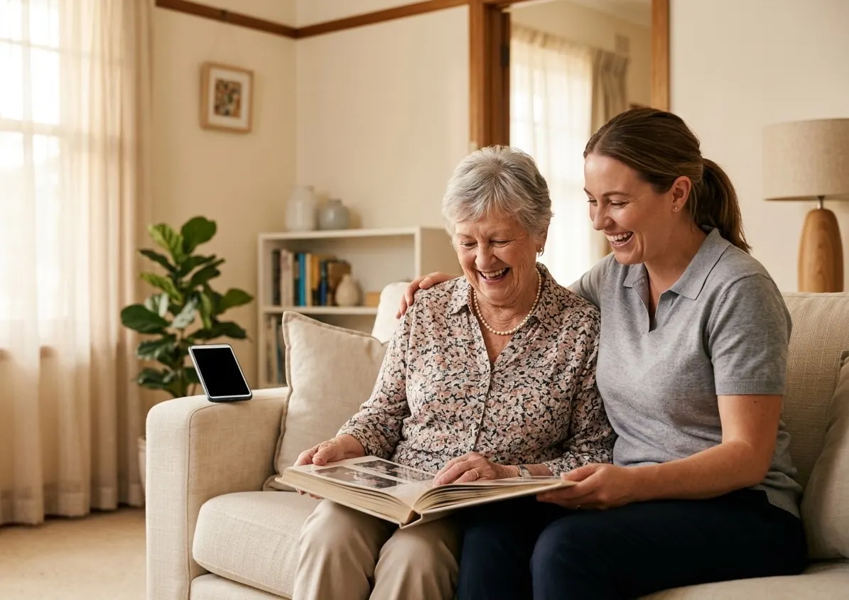 A carer and a resident sharing a laugh over a photo album