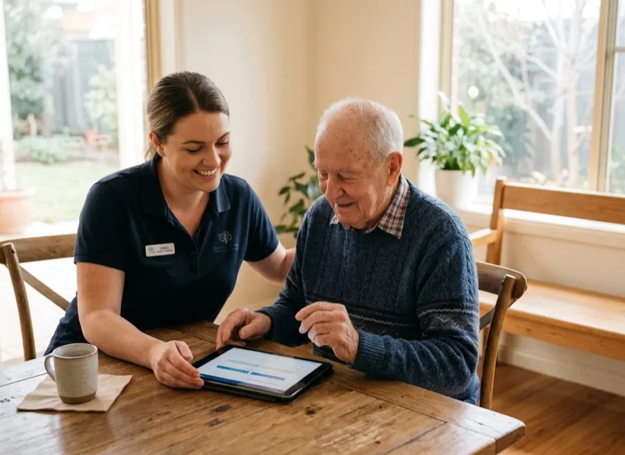 A carer and a resident going through a survey together on a tablet