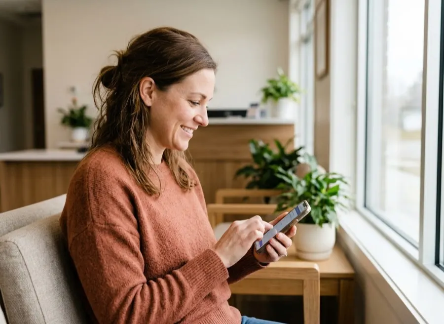 A parent answering a short survey on her phone