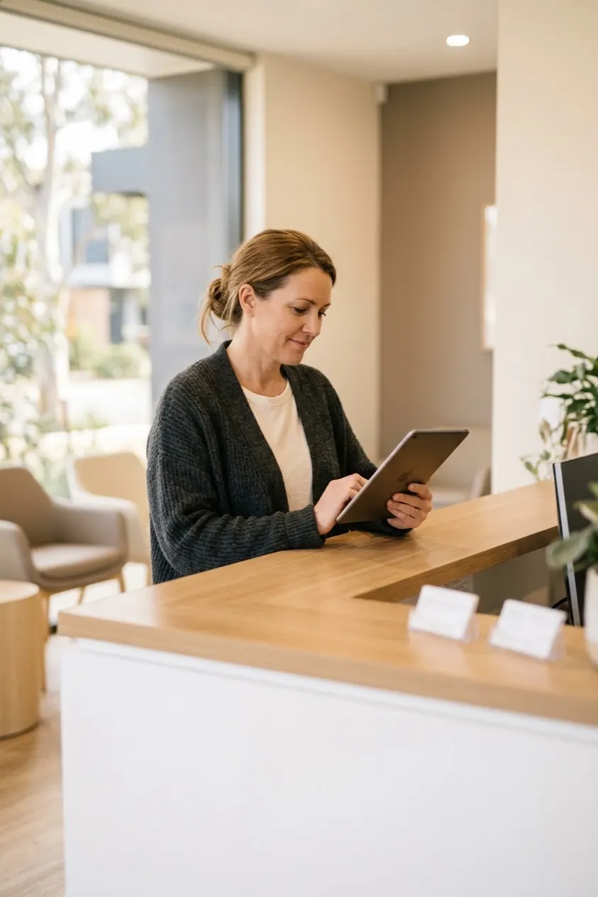 A practice manager reviewing the day at the front desk