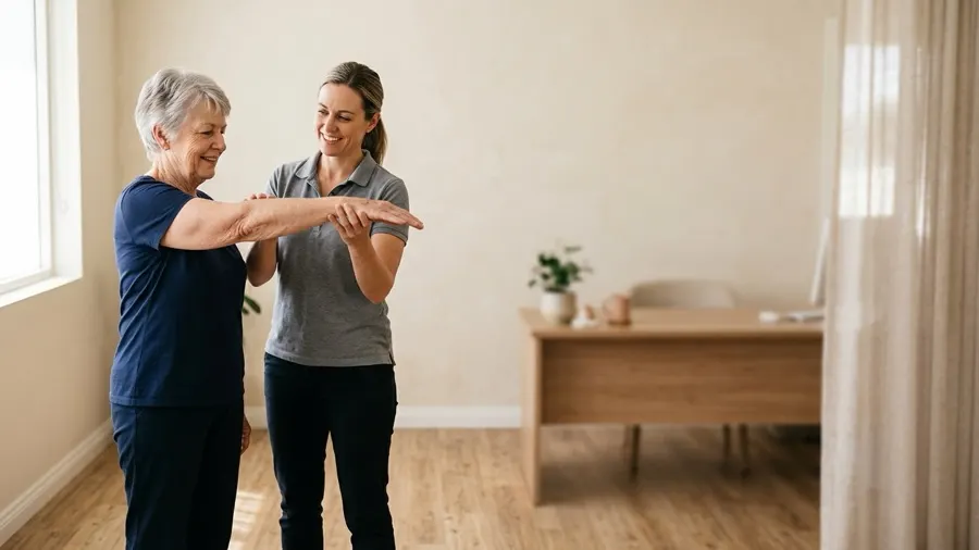 A physiotherapist guiding an older patient through an arm exercise