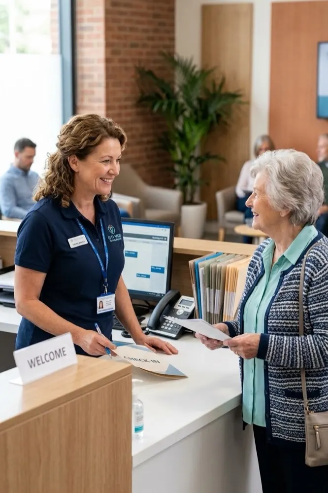 A receptionist welcoming a patient at the practice front desk