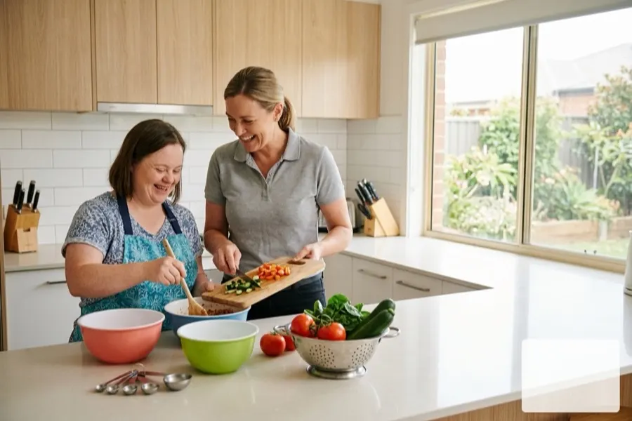 A support worker and a participant cooking a meal together at home