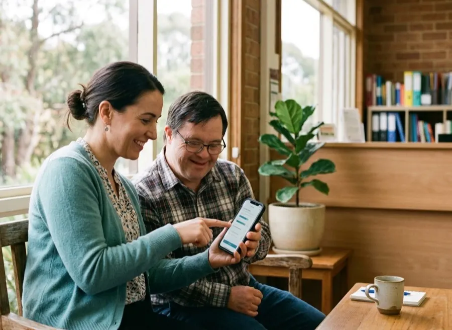A support worker and a participant going through a survey together on a phone