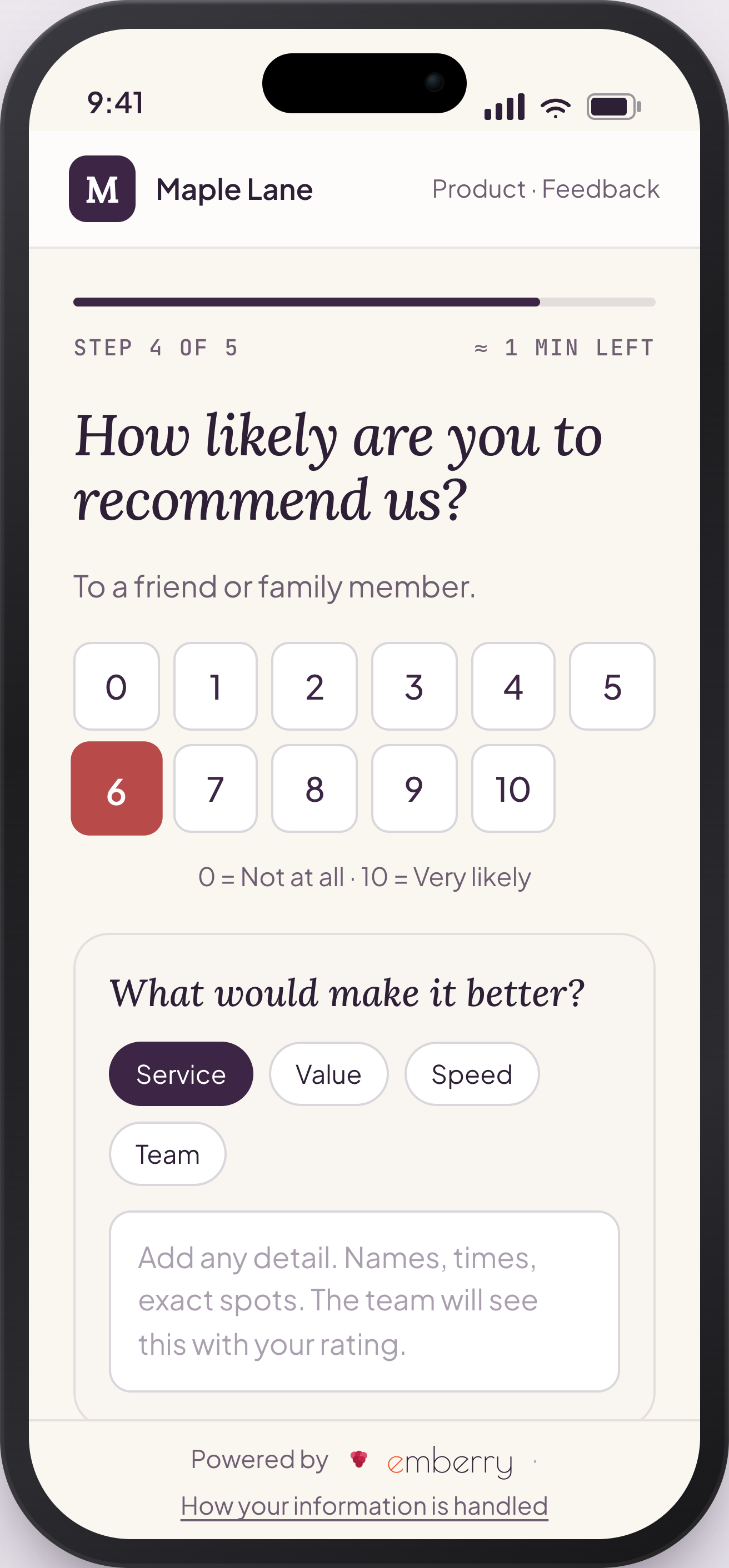 The same survey probing for detail: a 'How likely are you to recommend us?' question with a 'What would make it better?' follow-up offering topic chips and a comment box.
