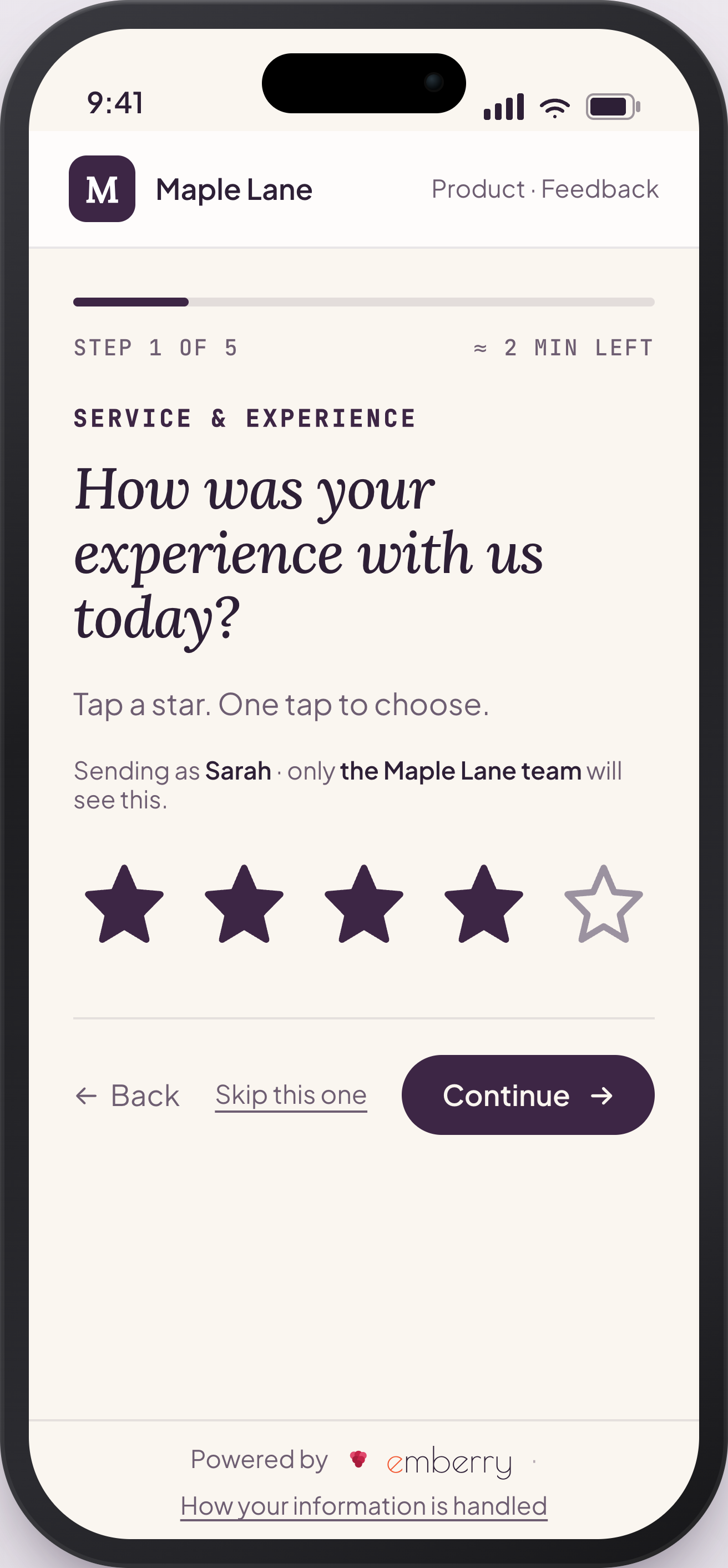 The real emberry survey in a local business's colours: a question about the experience, answered with a five-star rating, sent identified so the team can reply.