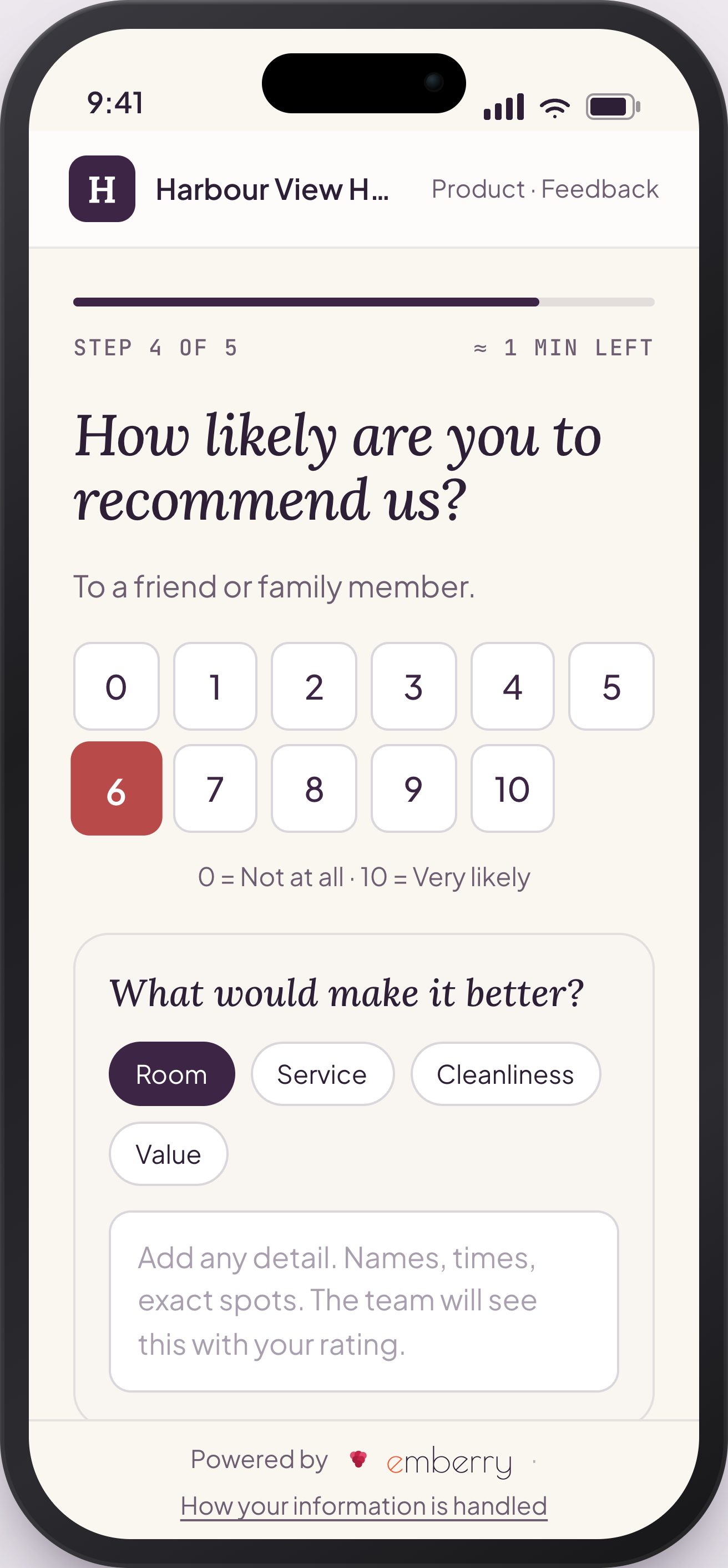 The same survey probing for detail: a 'How likely are you to recommend us?' question with a 'What would make it better?' follow-up offering topic chips and a comment box.