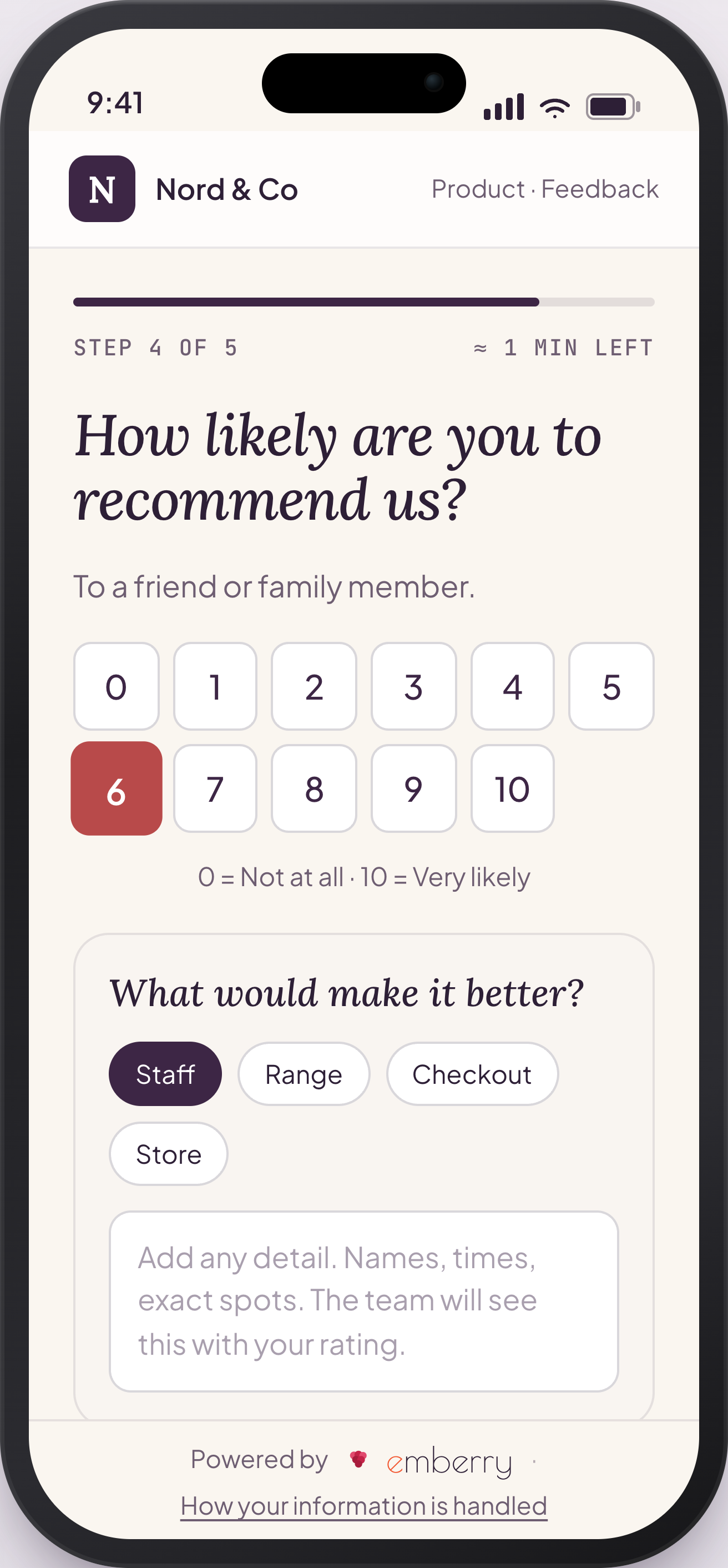The same survey probing for detail: a 'How likely are you to recommend us?' question with a 'What would make it better?' follow-up offering topic chips and a comment box.