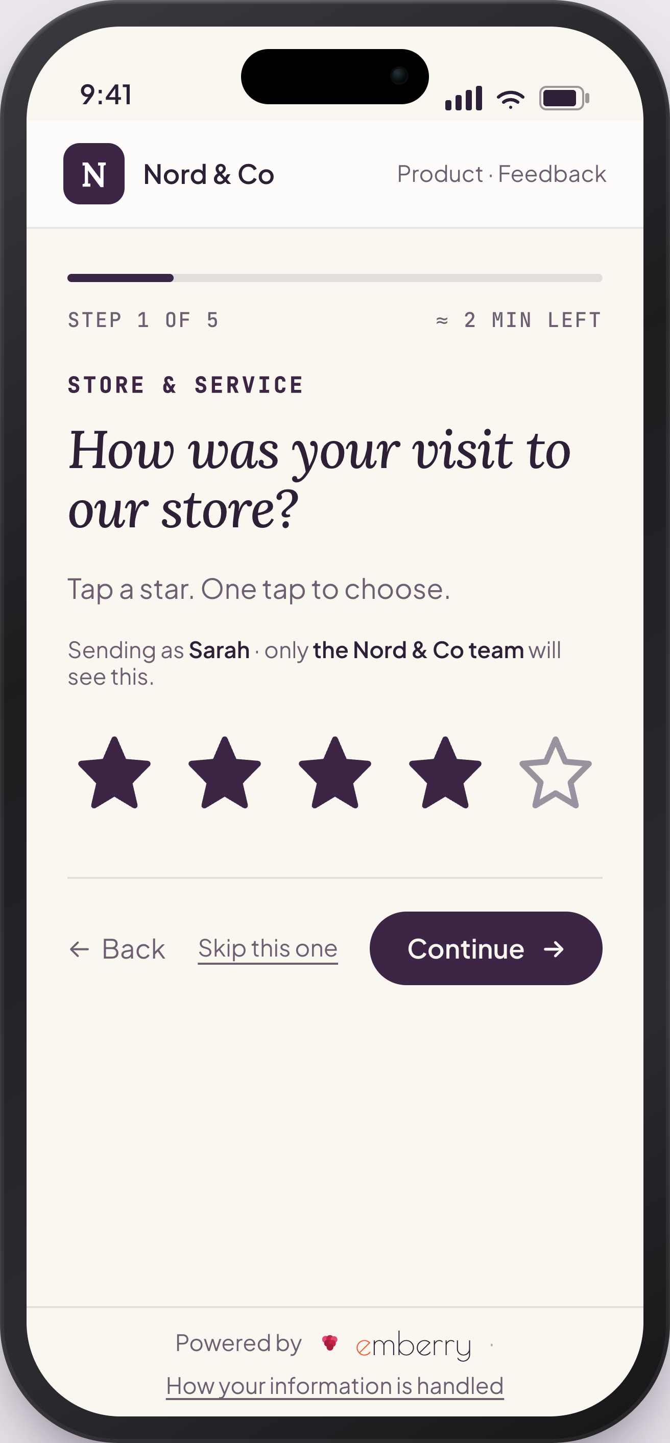 The real emberry survey in Nord & Co's colours: a question about the store visit, answered with a five-star rating, sent identified so the team can reply.