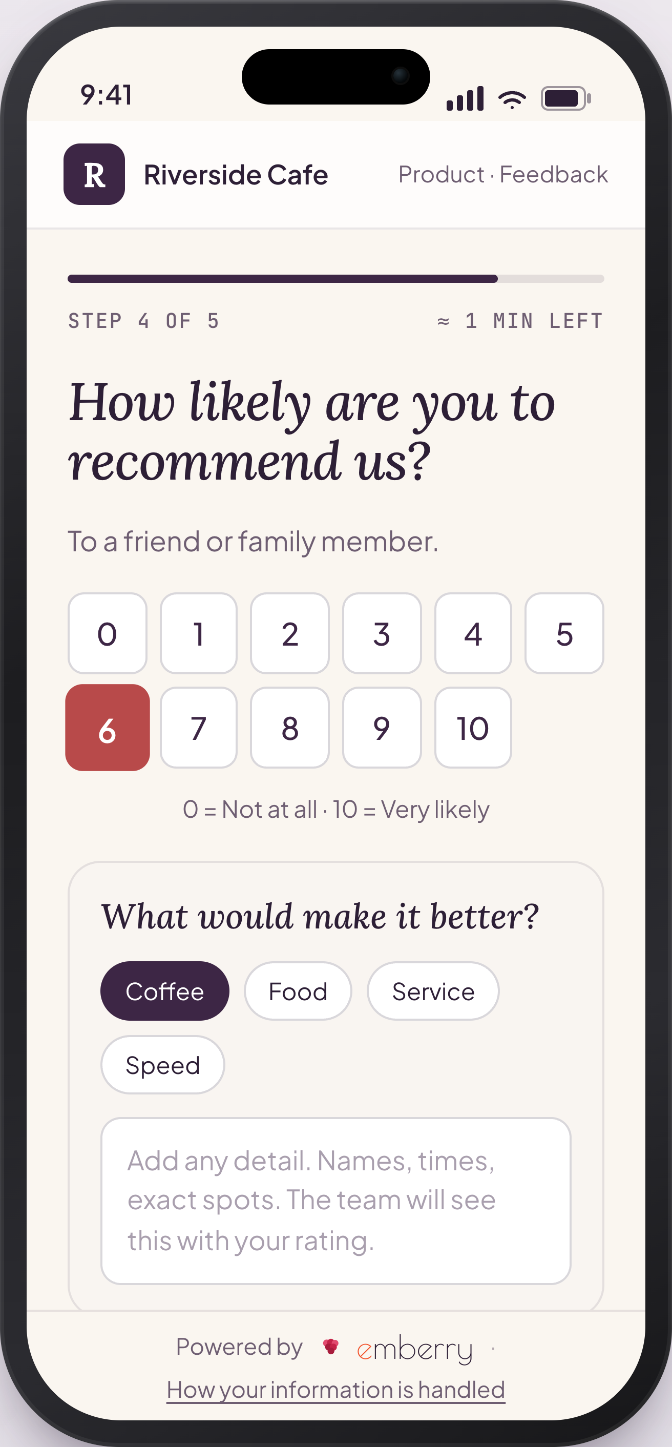 The same survey probing for detail: a 'How likely are you to recommend us?' question with a 'What would make it better?' follow-up offering topic chips and a comment box.
