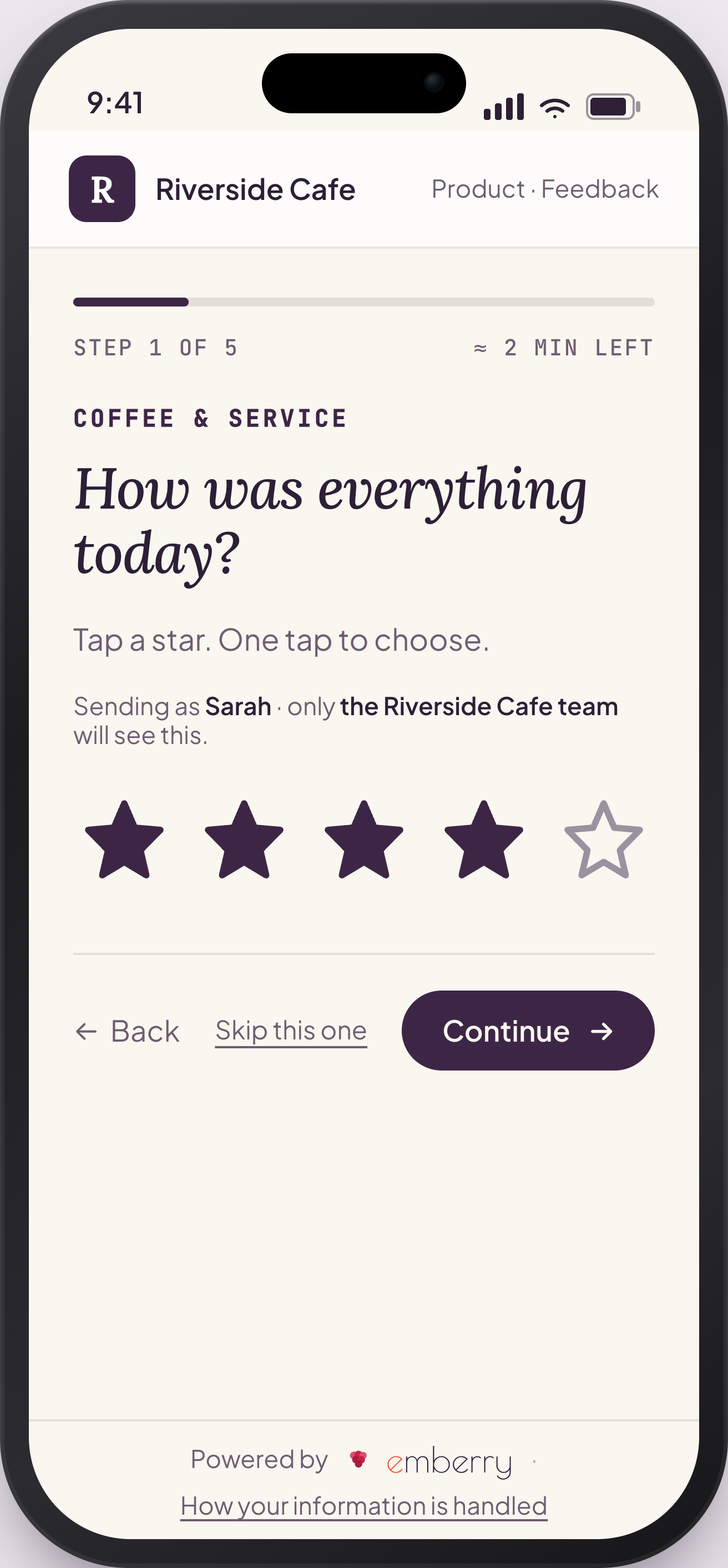 The real emberry survey in Riverside Cafe's colours: a question about the visit, answered with a five-star rating, sent identified so the team can reply.